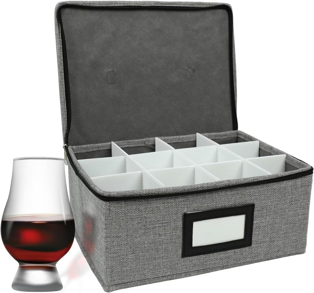 HURZMORO Storage Box for Whisky Glass,12 Whiskey Glasses Holder for Organizer, Fully-Padded Inside with Sturdy Construction, Packing Boxes with Dividers for Moving Whiskey Gift (12 compartments)