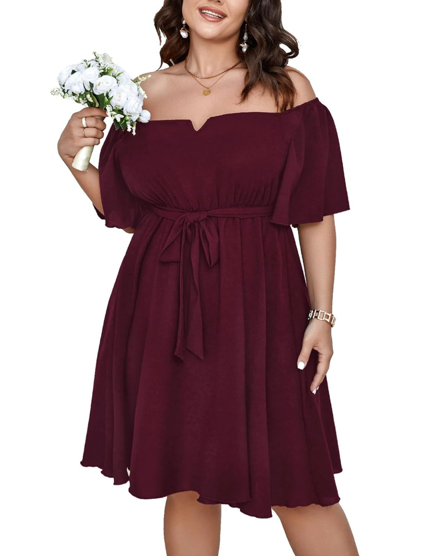 SCOMCHIC Womens Plus Size Cocktail Dress Summer Off Shoulder Short Sleeve Flowy Ruffle A-Line Cute Mini Dress with Belt, Size 3XL