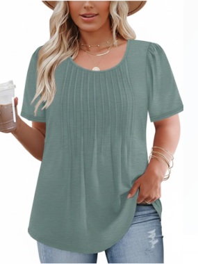 VISLILY Womens-Plus-Size-Summer-Tops Trendy Puff Short Sleeve T Shirts Cute Flowy Pleated Blouses Casual Crewneck Tunics Tee 2XL