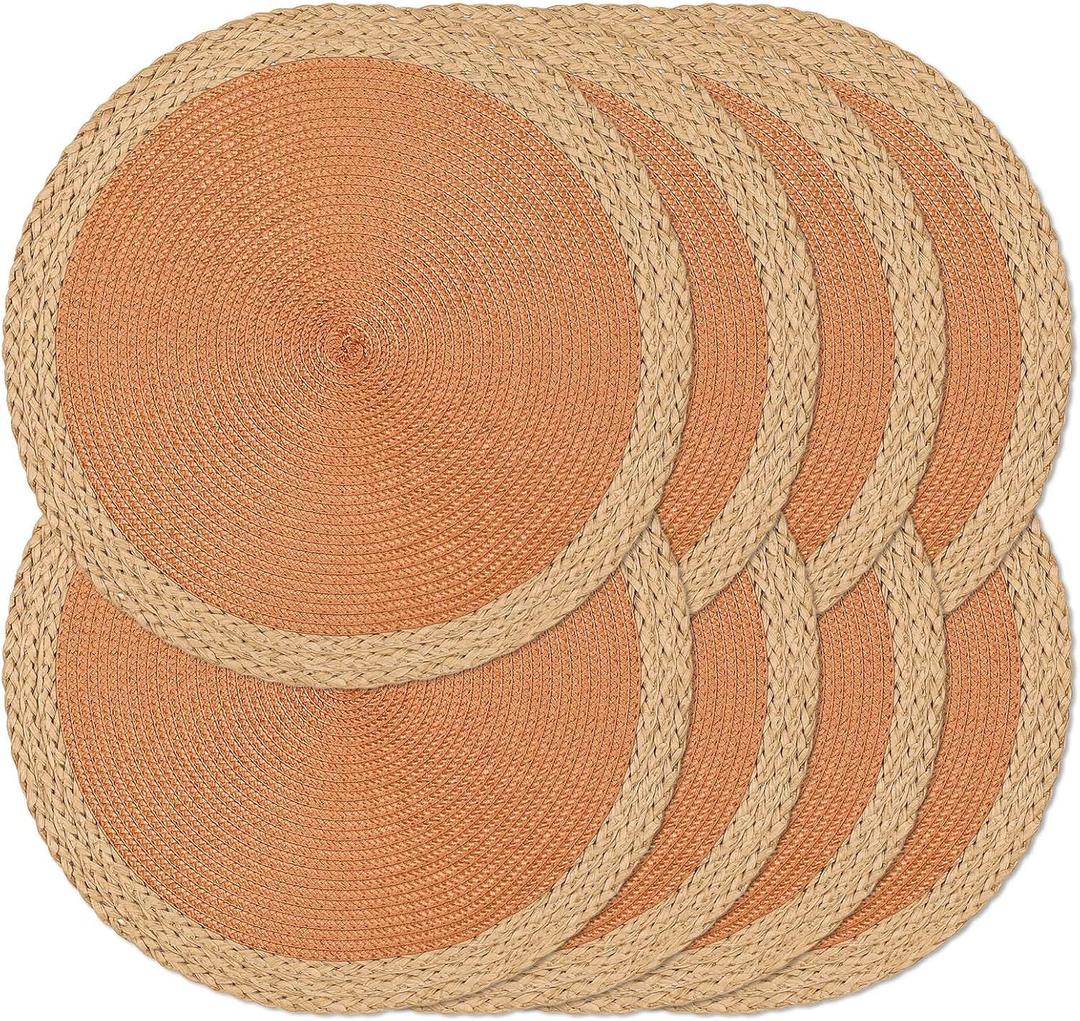 Noctiflorous Round Placemats Set of 8, 15 Inch Braided Hand Woven Table Mats, Heat Resistant Non-Slip Wipeable Wide Edge Place Mats for Kitchen Dining Indoor Outdoor Use(Orange, 8)