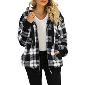 Nirovien Womens Sherpa Jacket Fuzzy Zip Up Hoodie Oversized Fleece Jackets Fluffy Coat with Pockets (X-Large, B Black White Plaid)