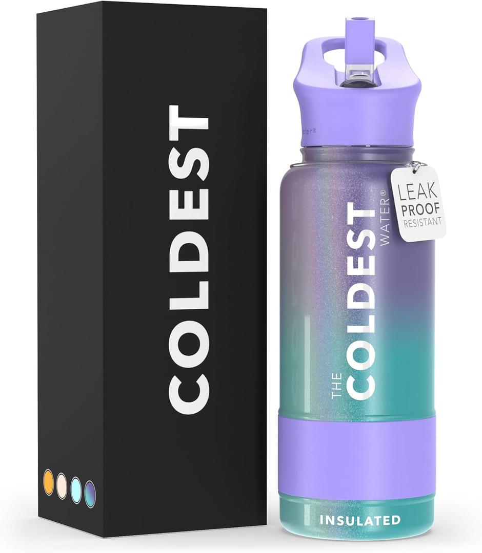 Coldest Sports Water Bottle with Straw Lid Vacuum Insulated Stainless Steel Metal Thermos Bottles Reusable Leak Proof Flask for Sports Gym (32 oz, Interstellar Glitter) (Interstellar Reef Glitter)