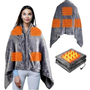 UNIQUORS Electric Heated Blanket Flannel Shawl, Portable Zipper Heating Blanket, 9 Heating Zones with 3 Heat Levels for Car Office Home Travel 59 x 33 in, Grey (Without Battery)