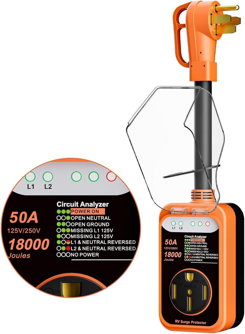 RV Surge Protector 50 Amp,18000 Joules RV Circuit Analyzer with Voltage Monitoring,2026 New Upgraded RV Surge Voltage Protection,Waterproof Cover,RV Adapter Plug for Travel Trailers (Orange, 50A)