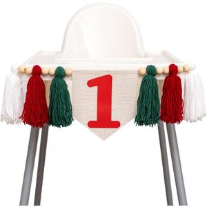 Christmas First Birthday High Chair Banner - Oh What Fun it is to be One Highchair Banner, Red and Green 1st Birthday Tassel Banner for Party, Cake Smash, Photo Props