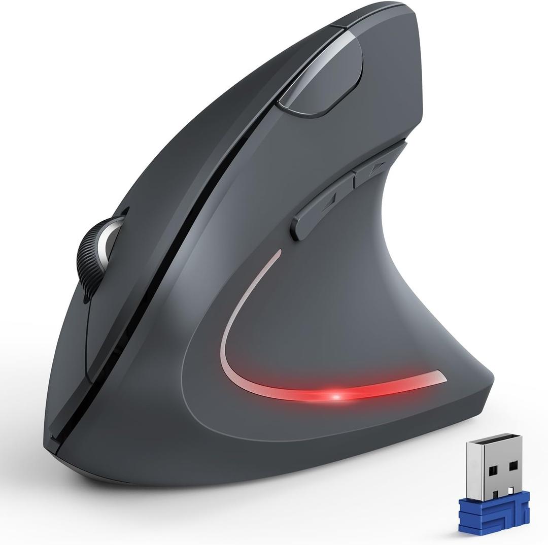 TECKNET Ergonomic Mouse, Wireless Bluetooth Vertical Mouse, 4800 DPI Optical Tracking, 6 Adjustable DPI, Quiet Clicks, 2.4GHz with USB A Receiver, 12 Months Battery, 6 Buttons, Wide Compatibility, Grey
