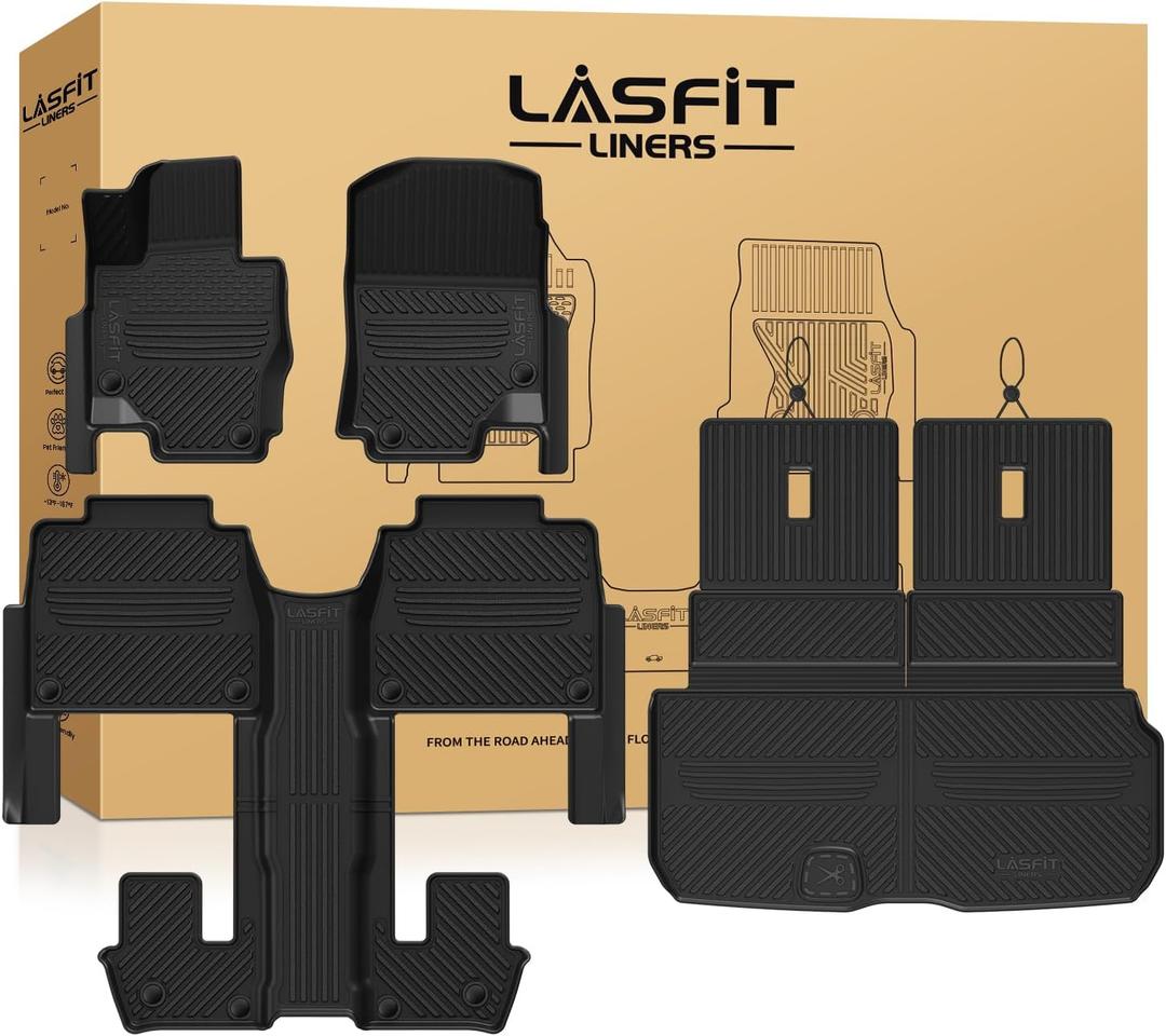 LASFIT Floor Mats & Cargo Mat with Seatback for Mercedes Benz GLS 2020-2026 (Fit 6 Seats), All Weather TPE Floor Liners Custom Fit GLS 2020-2026 Car Mats, 3 Rows & Cargo Liner with Backrest