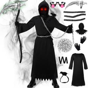 Kicpot Grim Reaper Costume for Kids Boys, Scythe Chain Gloves Robe Glowing Red Eyes, Halloween Grim Reaper Costume Adult (Children 12-14 Year)