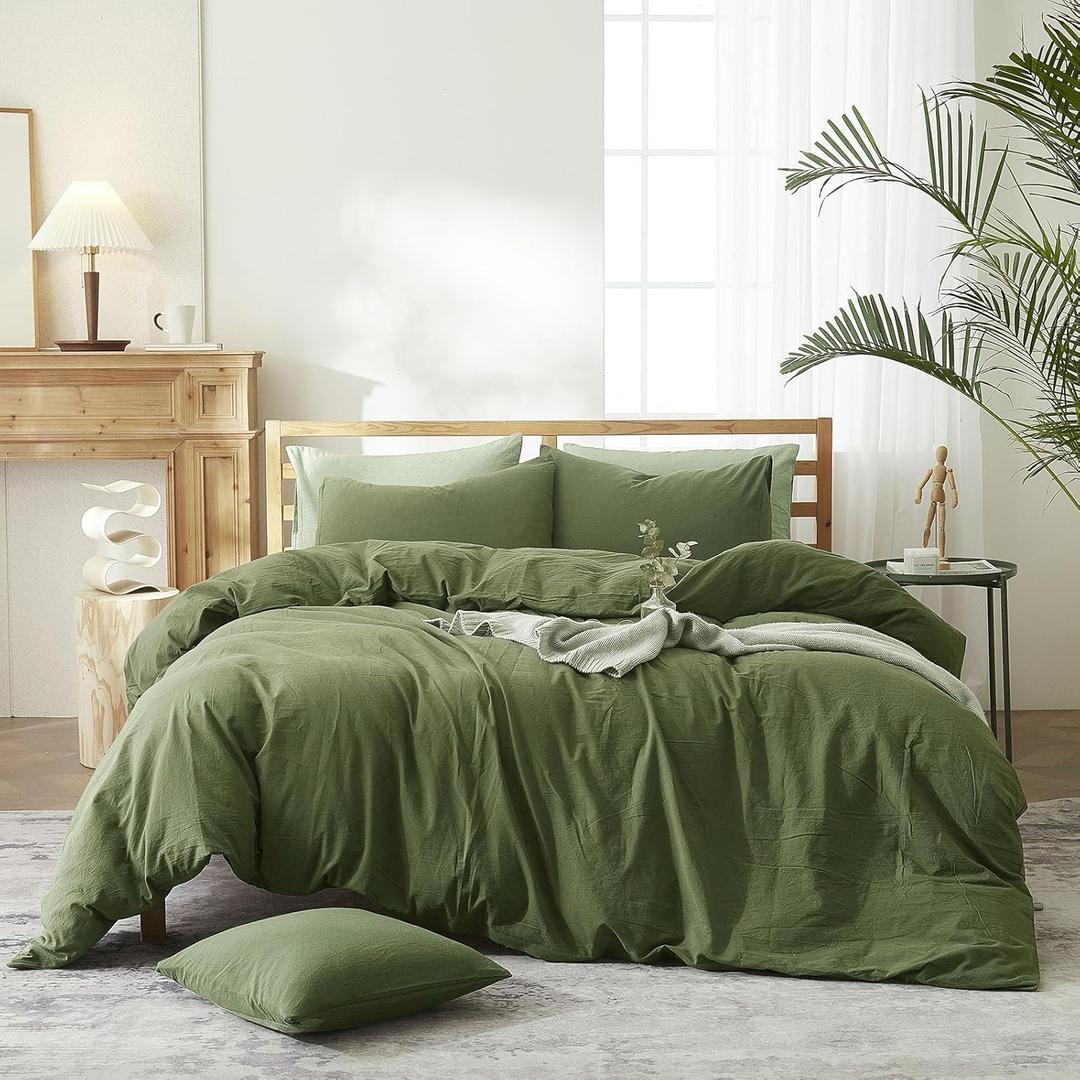 AMWAN Solid Color Army Green Duvet Cover King Size Bedding Sets Natural Washed Cotton Comforter Cover Dark Green Bedding Duvet Cover for Men Women Simple Style Green Bedding Collection (King(104"x90"))