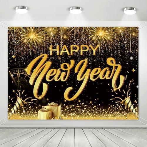 Black and Gold Happy New Year Banner Backdrop,2026 New Year Merry Christmas Glitter Photography Background,Hello 2026 Shiny Champagne Fireworks Balloon Midnight Photography Background.7 * 5FT