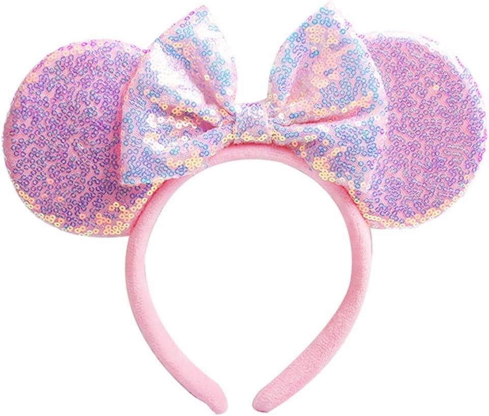 Unisex Mouse Ears Headbands With Bow & Sequins, for Cartoon Princess Costume Cosplay Decoration, Glitter Christmas Party for Women & Adult; FG1 (Soft Flannel Pink)