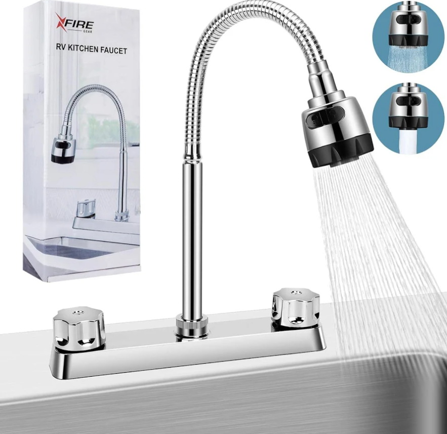 RV Kitchen Faucet, XFIRE-GEAR Camper Faucet Kitchen with Flexible Arc 360 Degree Rotatable Dual Function Sprayer, RV Sink Faucets for Motorhomes, Travel Trailers (8 Inches Apart)