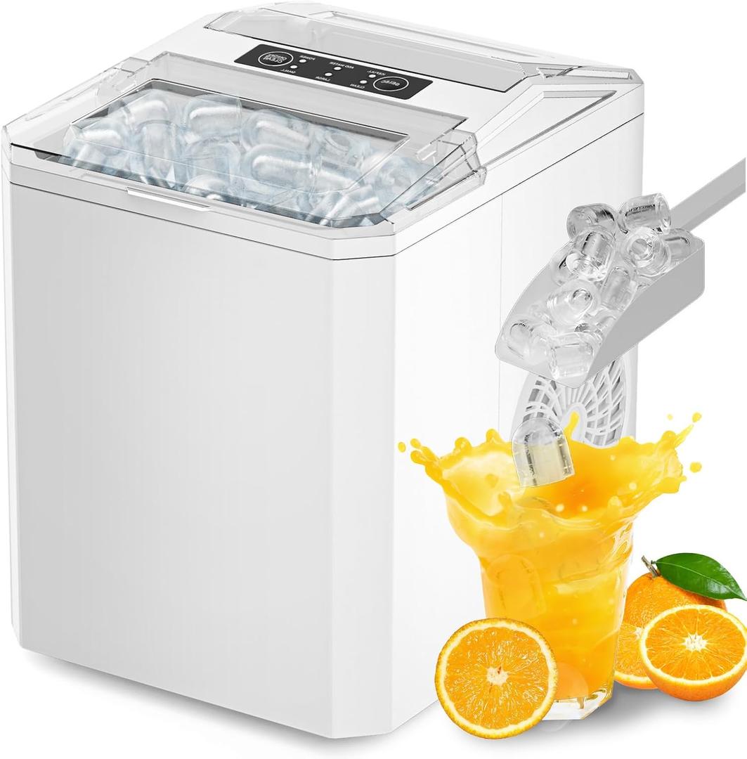 SMUG Ice Makers Countertop with Handle, Portable Ice Machine, 9 Bullet Ice Cubes in 6 Mins, 26lbs in 24Hrs, Auto-Cleaning, with Basket and Scoop, for Home, Kitchen, RV, Camping, White