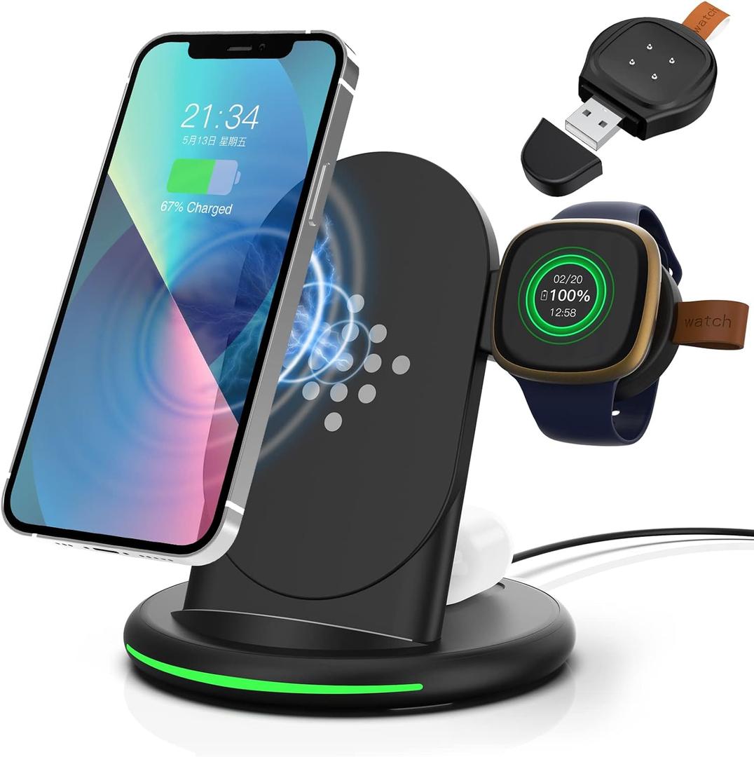 3 in 1 Charger for Fitbit Sense/Sense 2/Versa 3/Versa 4, Charging Station for iPhone 16/15/14/Plus/Pro Max, for Samsung Galaxy S24 S23 S22, for Goole Pixel 9/8/Pro, for AirPods&Galaxy Buds