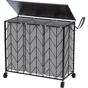 WOWLIVE Laundry Basket with Wheels, 142L Hamper 3 Section with Lid, Dirty Clothes Hamper with Removable Bags, Large Capacity Iron-Made Organizer Laundry Sorter for Dorm, Grey