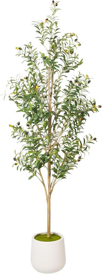 Artificial Olive Tree with White Pot - Faux Olive Tree for Home Decor, Tall Artificial Plants Indoor, Realistic Trunks Foliage Fruit, Office Decor (6FT)