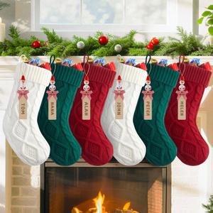 Personalized Christmas Stockings - 18 Large Knitted Xmas Stocking with DIY Snowman Wooden Name Tag, 6 Pack Hanging Family Stockings for Kids Mantels Christmas Holiday Decor, Red Green White