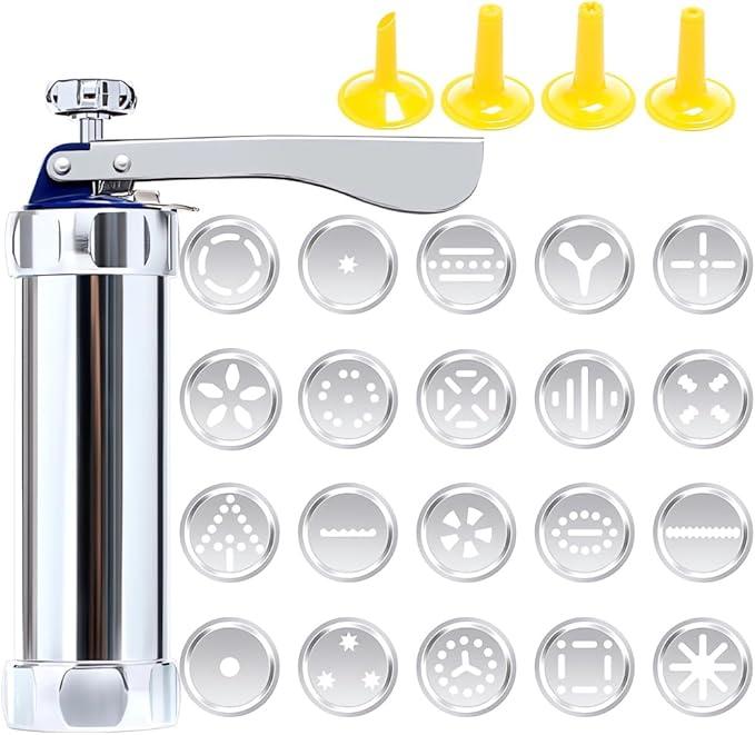 Professional Aluminum Cookie Press Set with 20 Discs & 4 Nozzles - Heavy Duty Cookie Gun for Baking, Decorating - Ideal for Home & Commercial Use