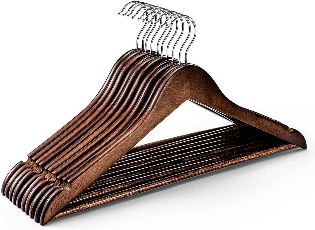 HOUSE DAY Wooden Hangers 10 Pack, Heavy Duty Wood Coat Hangers for Closet, Smooth Finish Wooden Suit Hanger with Non Slip Pants Bar, Sturdy Wood Clothes Hanger, Walnut