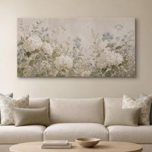 SENROLAN Hydrangea Floral Canvas Wall Art, Cream White and Dusty Blue Botanical Print, Large Panoramic Vintage Garden Decor for Living Room Bedroom, Ready to Hang, 58 x 29 Inches