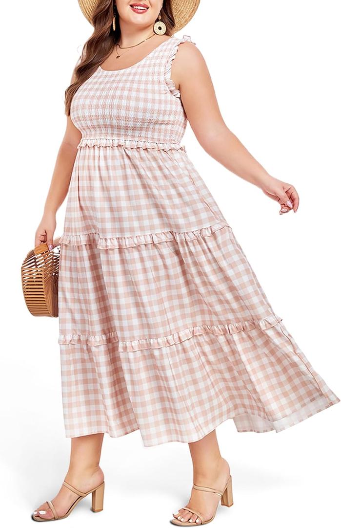 Women's Plus Size Summer Casual Maxi Dress Ruffle Sleeveless Plaid Smocked Tiered Long Dresses with Pockets (White, L)