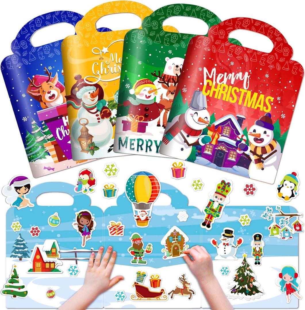 4 Sets Christmas Reusable Sticker Books for Toddlers 1-3, Activities Books Crafts for Kids 2-4, Removable Jelly Stickers for Girls Boys 3-5, Travel Toys Holiday Gifts Christmas Stocking Stuffers