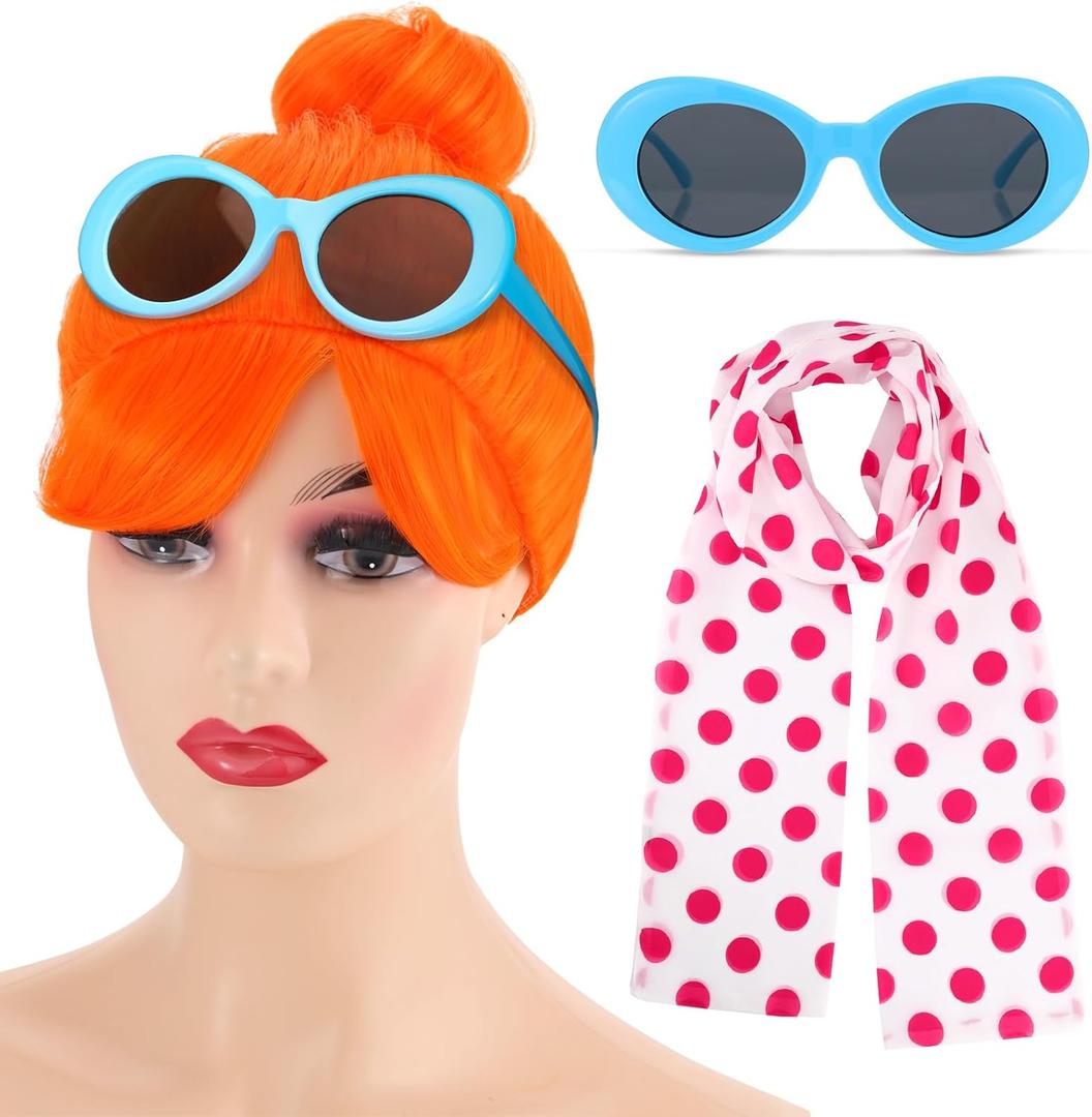 3pcs Halloween Costumes Accessories Include Orange Wig Red Polka Dot Scarf Blue Frame Sunglasses Lightweight Long Silk Scarf for Funny Movie Costume Accessories