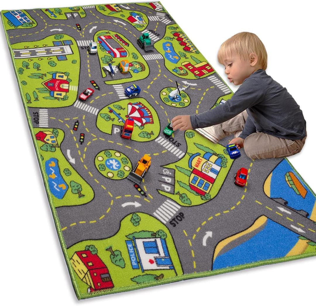 Large Kids Carpet Playmat Rug 52 x 32 with Non-Slip Backing, City Life Play Mat for Playing with Car Toy, Game Area for Baby Toddler Kid Child Educational Learn Road Traffic in Bedroom, Classroom