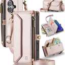Strapurs Wallet Case Compatible with iPhone 16 Plus 6.7" RFID Blocking 10-Card Holder Soft PU Leather Magnetic Snap Shoulder Strap Zipper Pocket Phone Case Fit for iPhone 16 Plus - Rose Gold