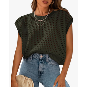 PRETTYGARDEN Womens Spring Tops 2025 Summer Shirts Crochet Cap Sleeve Sweater Pullover Cute Beach Vacation Clothes XL