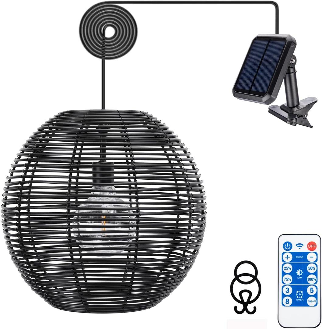 Ranttan Outdoor Chandelier, 12" Outdoor Pendant Lights Rattan Solar Hanging Lights Large Rattan Ceiling Light with Remote 4 Modes Lighting Waterproof Lighted for Garden Porch Patio Kitchen, Black