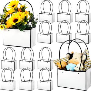 Teling 12 Pcs Paper Flower Gift Bags Graduation Bouquet Bags with Handle Waterproof Empty for Flowers Rectangle Floral Arrangements Packaging for Weddings Mother's Day Party Favor(Black-White)