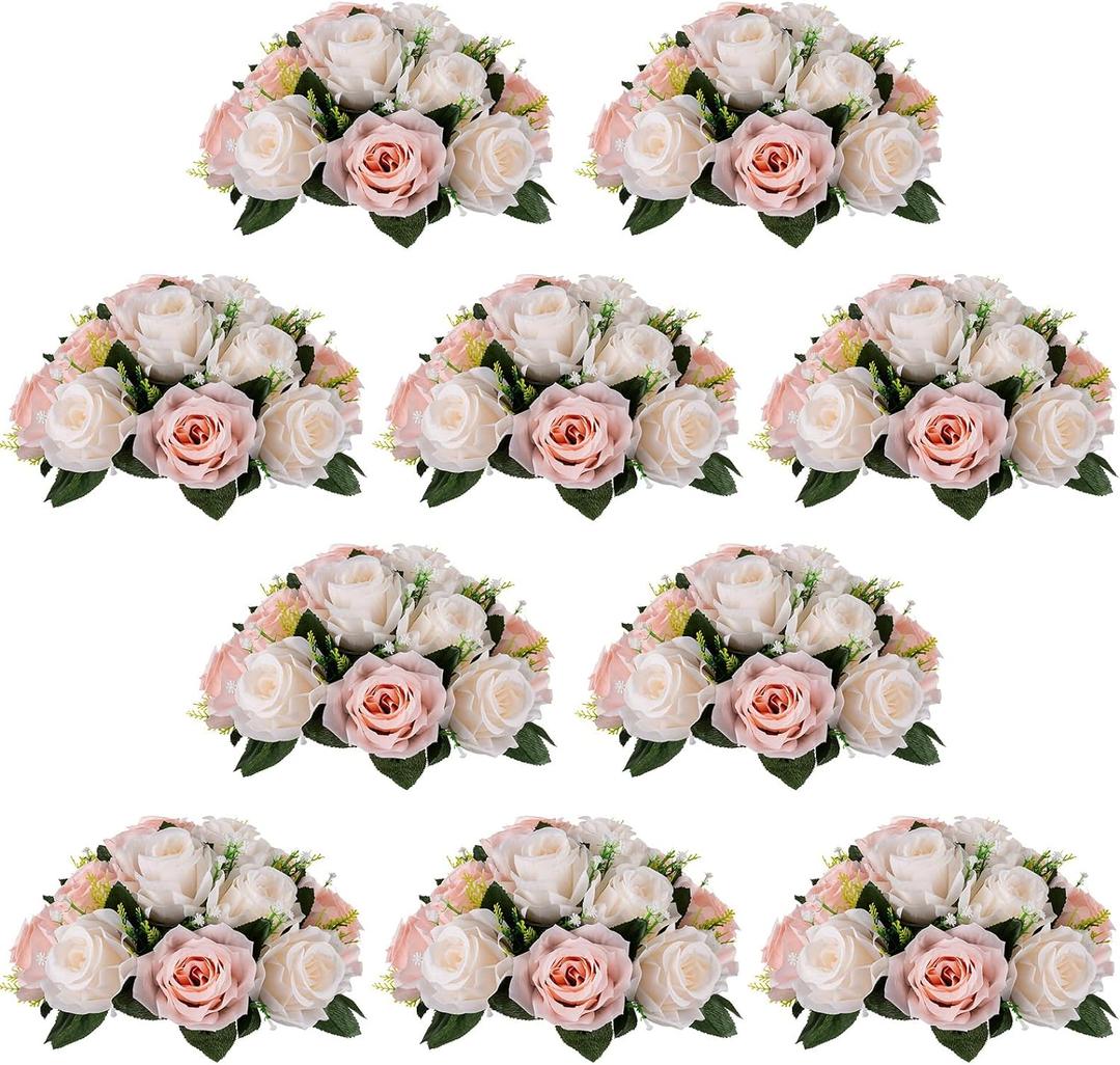NUPTIO Flower Balls for Wedding Centrepieces - 10 Pcs 9.5in Diameter Artificial Flower Ball Arrangement Bouquet Peachy Pink & Creamy White Fake Rose Flowers Party Centerpieces for Weddings Tables