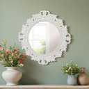Vintage Wood Circle Wall Mirror 24 Inch, Distressed White