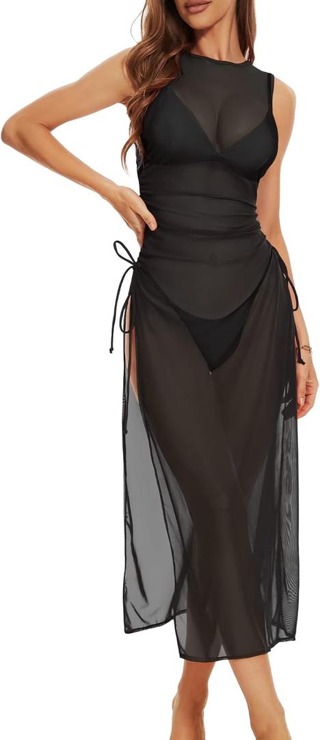 Swimsuit Women Cover Up High Split Drawstring Mesh Dress for Women Swimwear Bikini Cover Up See Through Dress (Medium, Black)