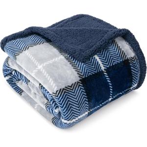 PAVILIA Blue Navy Plaid Sherpa Throw Blanket for Couch Twin, Plush Flannel Fleece, Soft Fuzzy Cabin for Sofa Bed, Warm Cozy Winter Gift, 60x80