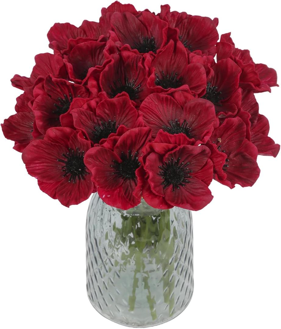 IPOPU Burgundy Poppy Flowers 20pcs Artificial Poppies PU Real Touch Faux Poppy Bulk Fake Flower Arrangements for Wedding Centerpieces, Home Table, Bridal Shower Party Decorations(Burgundy)