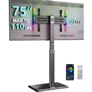 WALI Floor TV Stand with LED Lights, Tall TV Stand Mount for 32-75 inch TV up to 110 lbs, Swivel and Height Adjustable TV Stands with Wood Base for Bedroom, Office(TVDVD-7L), Black