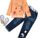 MAXIMGR Toddler Girl Clothes Baby Girl Outfits Cute Long Sleeve Cartoon Top + Jeans Pants Fall Winter Girls Clothing Sets (6 Years, Light Orange)