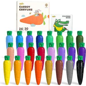 JUPITEARTH Carrot Crayons for Kids 24 Colors, Non Toxic Beeswax Crayons for Toddlers 1-3 with 30-Page Coloring Book & Stickers & 120 PDF Pages, Mess-Free Coloring for Kids Art Supplies Gift