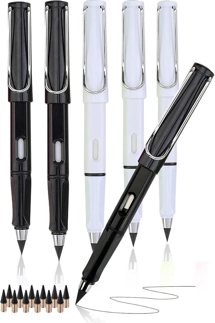 XIUSHE 6PCS Infinity Forever Pencils for Writing-0.7mm Infinite Everlasting Metal Inkless Pencils Set,Technology Magic Writing Pencil For School Office Professional Use (Black white,6)