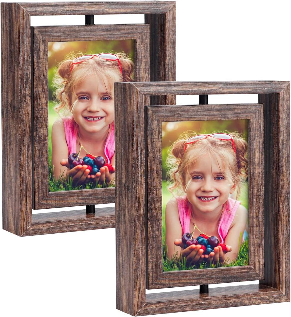 EXYGLO 2 Pack 4X6 Picture Frames Rotating Floating Photo Frame Wooden 2 Sided Frames for Vertical or Horizontal Tabletop Display (4x6 inch, Light Brown)