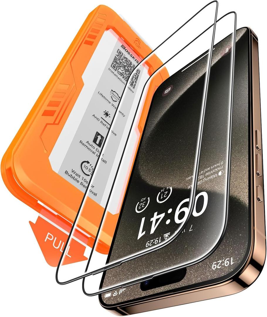 BossKiss for iPhone 15 Pro Max Screen Protector 6.7 inch, [TOP 9H+ Hardness] [Military Grade Shatter Protection] [Sensitive Touch] [HD Clear Tempered Glass] Full Coverage Easy Installation 2 Pack
