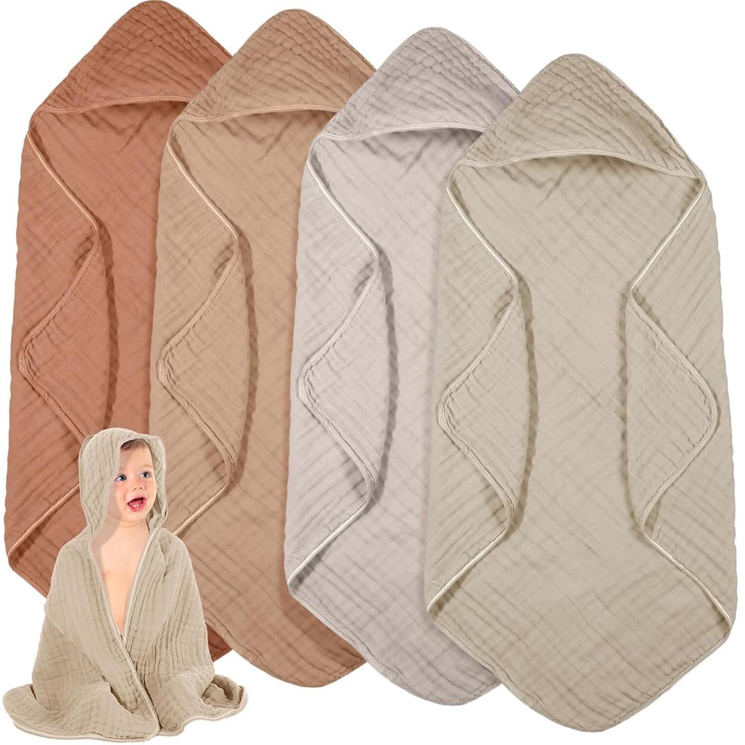 Peryiter 4 Pcs Baby Towels Cotton Muslin Hooded Baby Towels for Newborn Infant Toddler Large 32 x 32 Inch Soft Absorbent Blankets Bath Essentials Registry Gifts for Girl Boy (Brown Series)