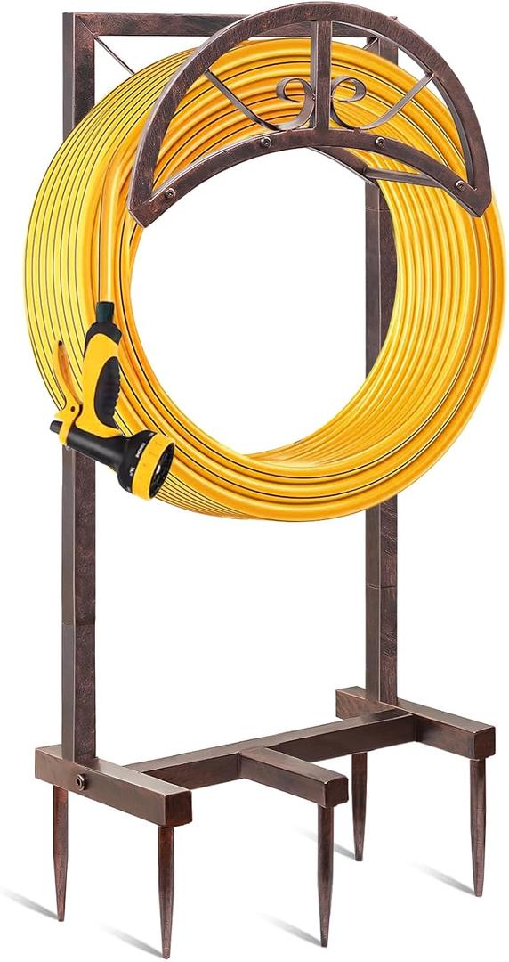 Garden Water Hose Holder with 5 Spikes, Upgraded Freestanding Heavy Duty Hose Hanger Holds 150-feet Hose, Sturdy Hose Stand Storage Rack for Outside Yard Lawn(Retro copper)