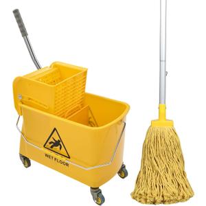 Mop Bucket with Wringer, 22 Qt (5.5 Gallon), Floor Cleaning, Handle, Wheels, 16.5" L x 10.6" W x 26.4" H, Yellow,Plus One Cotton Mop