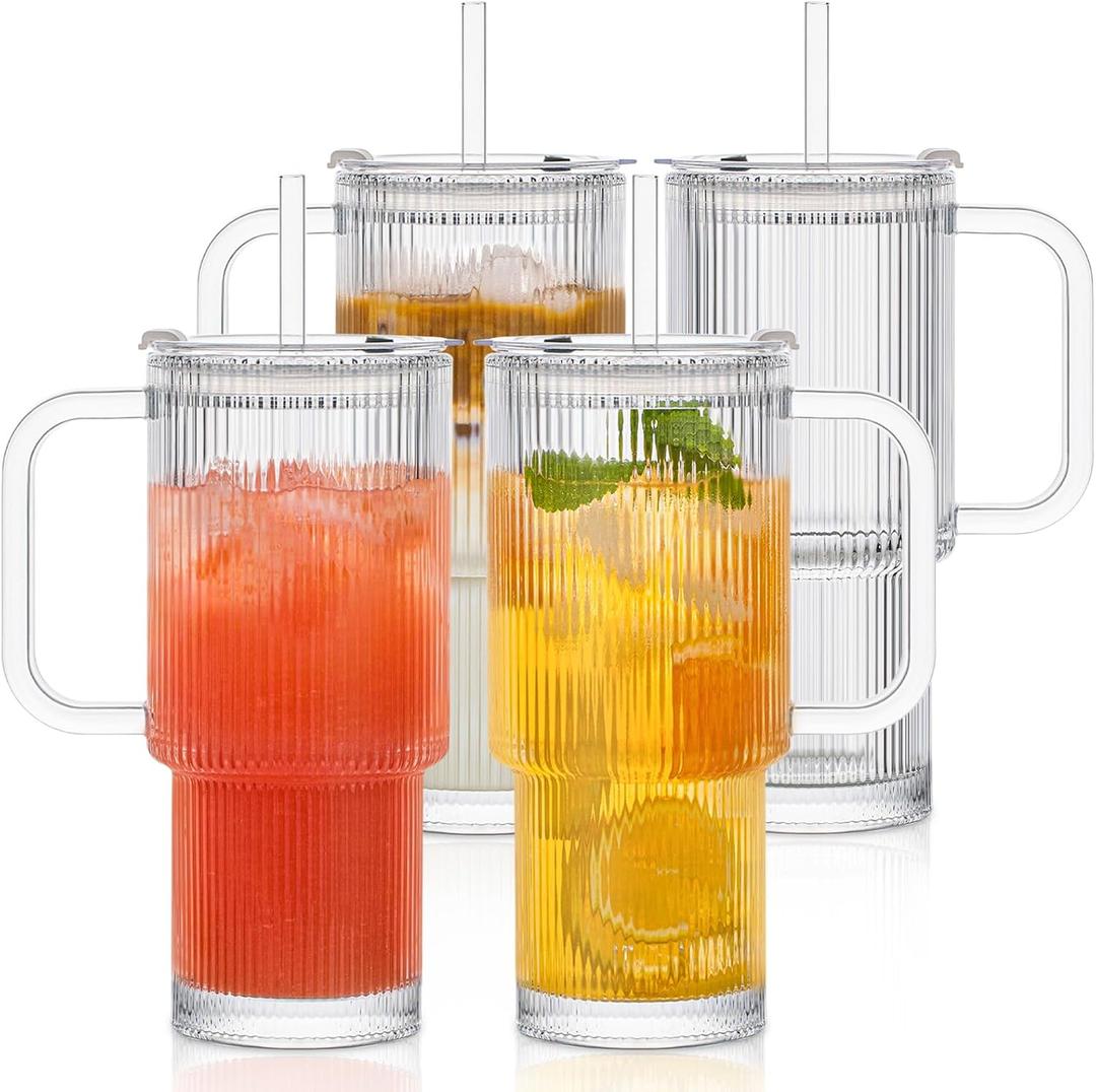 INSETLAN 24oz Ribbed Glass Tumbler with Handle & Lid 4-Pack Large Iced Coffee Cups with Straws, Modern Glass Mug for Cold & Hot Beverages, Aesthetic Travel Cup for Smoothies, Tea, and Juice
