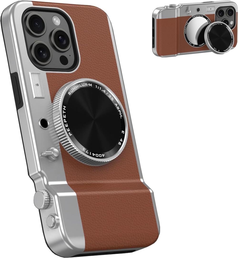 Integrated Camera Phone Case for iPhone 15 Pro, Cute 3D Cartoon Retro Bluetooth Camera Phone Case with Mirror Hard PC Back Cover + Soft TPU Protector Compatible with Magsafe Brown