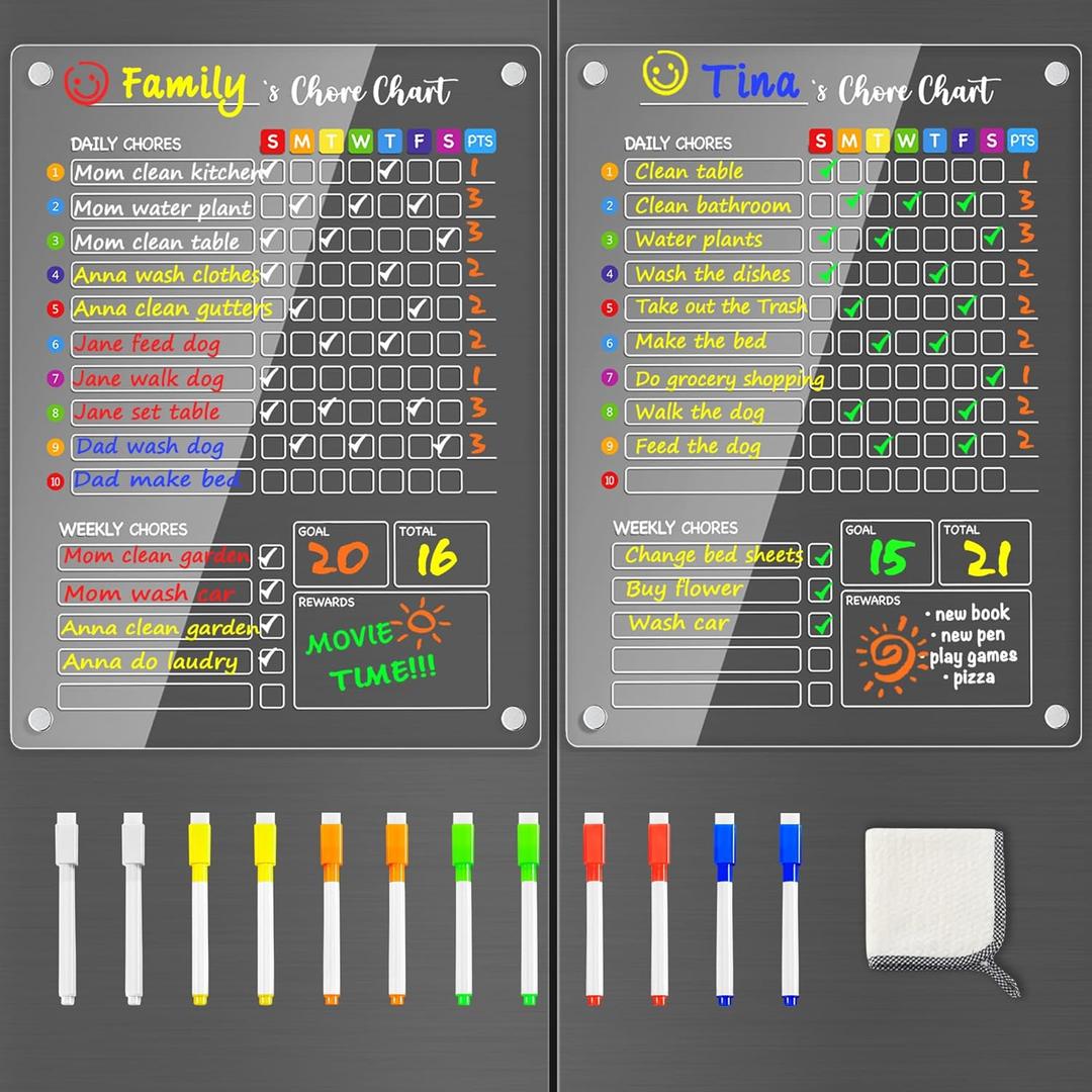 PigPotParty Acrylic Magnetic Chore Chart for Kids, 12"x16" Reward Responsibility Chart, Chores Checklist, 2 Weekly Dry Erase Fridge Board for Teens Adult Family Multiple Kids, w/ 12 Markers & Towel