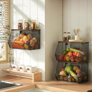Stackable Fruit Basket Wire Baskets with Wood Lid, Wall Mounted Produce Basket for Fruit and Vegetable Storage, Countertop Onion and Potato Storage, Litwaro 7.1"W & 11.1"W Kitchen Counter Organizer